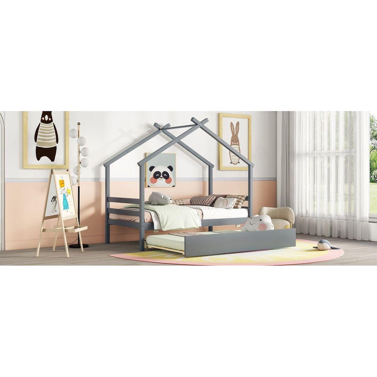 Twin Size House-shaped Bed with Trundle,Grey