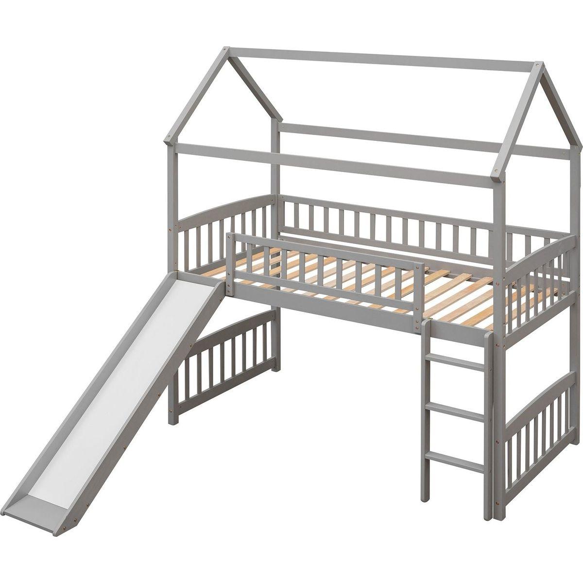 Twin Loft Bed with Slide, House Bed with Slide,White