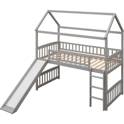Twin Loft Bed with Slide, House Bed with Slide,White