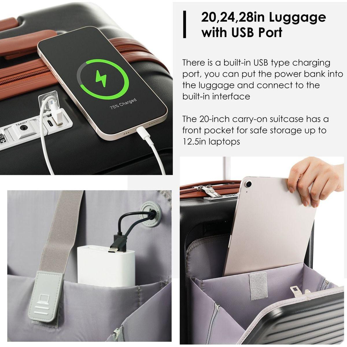 Front Opening 20-Inch Carry-On Luggage with Expandable Travel Bag Set, ABS Hard Shell Two-piece suitcase set with USB Port, Cup Holder, black and brown