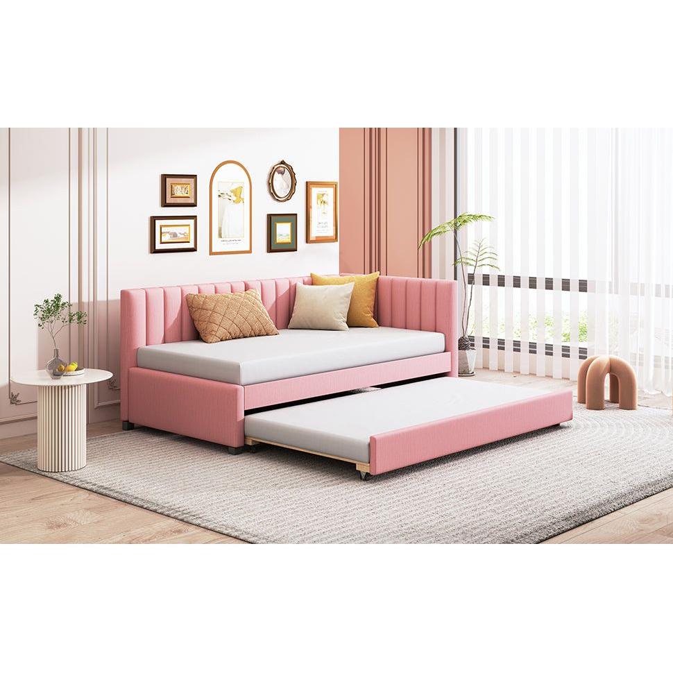 Upholstered Daybed with Trundle Twin Size Sofa Bed Frame No Box Spring Needed, Linen Fabric(Pink)