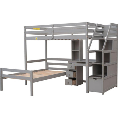 Twin Size Loft Bed with a Stand-alone Bed, Storage Staircase, Desk, Shelves and Drawers, Gray