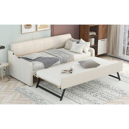 Twin Size Upholstery Daybed with Trundle and USB Charging Design,Trundle can be flat or erected,Beige