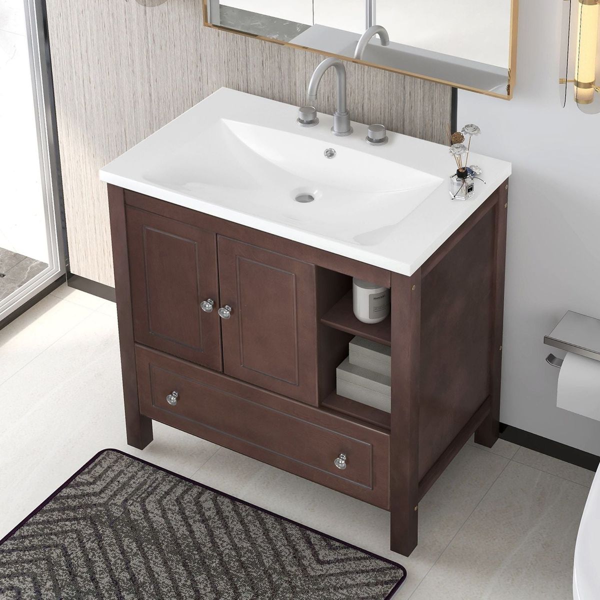 30" Bathroom Vanity with Sink, Bathroom Storage Cabinet with Doors and Drawers, Solid Wood Frame, Ceramic Sink, Brown