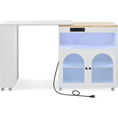 Rolling Kitchen Island With Movable Extended Table, Kitchen Cabinet on Wheels with Power Outlets and 2 Fluted Glass Doors, Kitchen Island with a Storage Compartment and Side 3 Open Shelves, White
