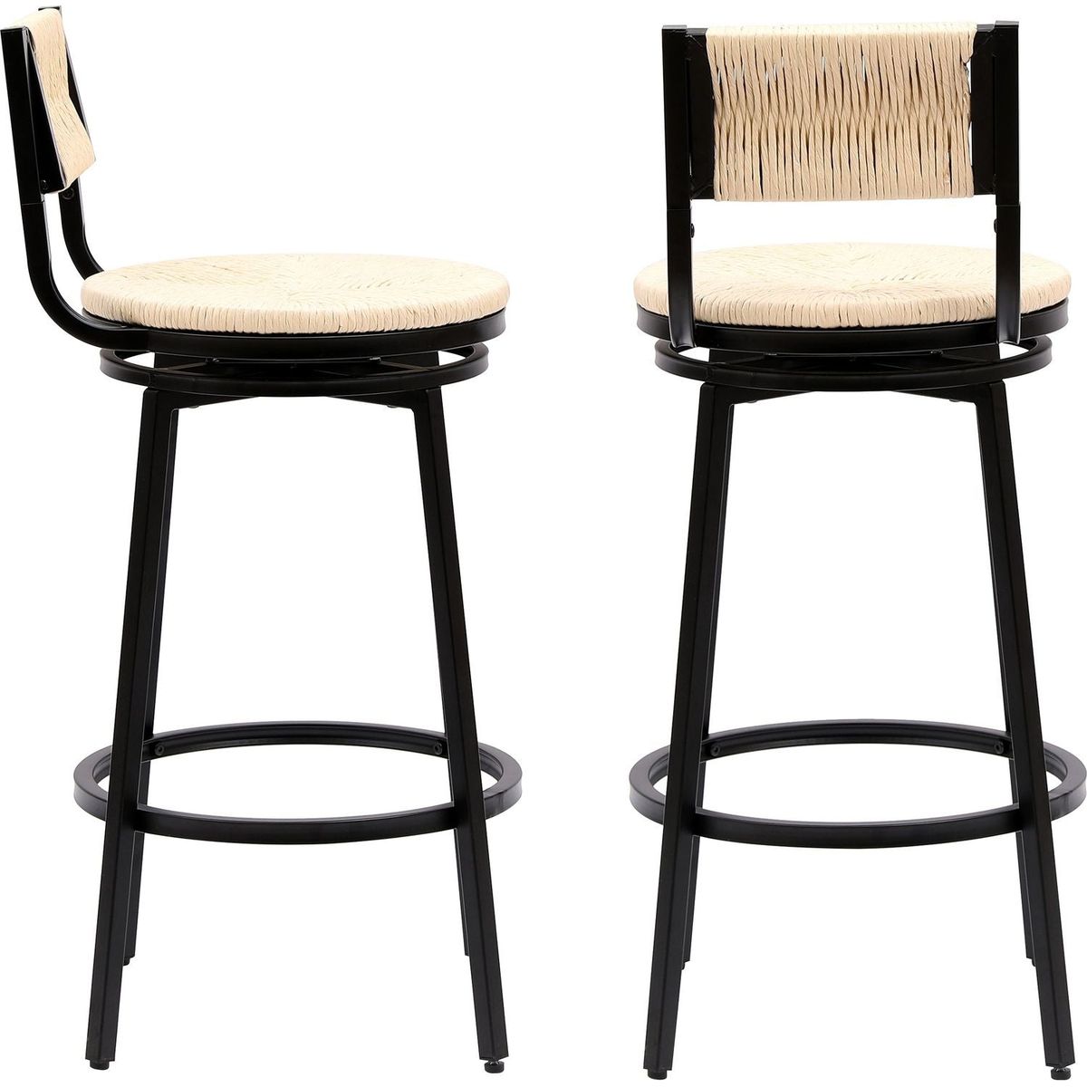 Creamy White Bar Stools Swivel Counter Chairs with Metal Frame Set of 2 Hand Woven Paper Rope Dining Barstools for Kitchen Counter (Creamy White)