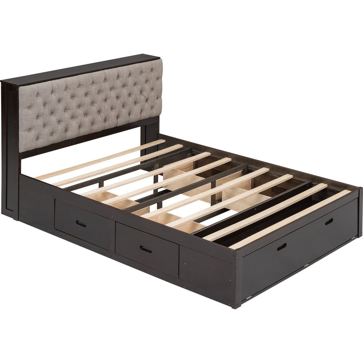 Wood Queen Size Platform Bed with Storage Headboard, shoe rack and 4 drawers,Espresso