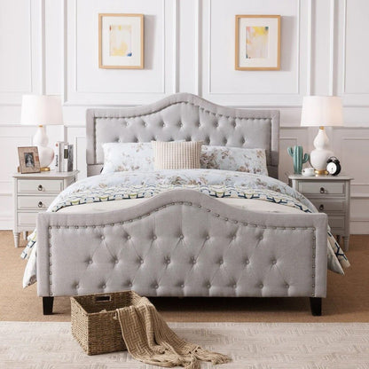 Upholstered Queen Size Platform Bed Frame, Arched Nailhead Decor Headboard and Footboard, Button Tufted Design, No Box Spring Needed, Easy to Assemble, Light Gray