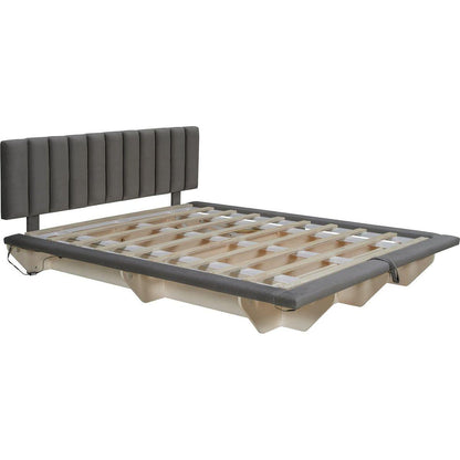 Queen Size Upholstered Floating Bed with LED Light and USB Port, Velvet, Gray, Hydrualic Platform Bed