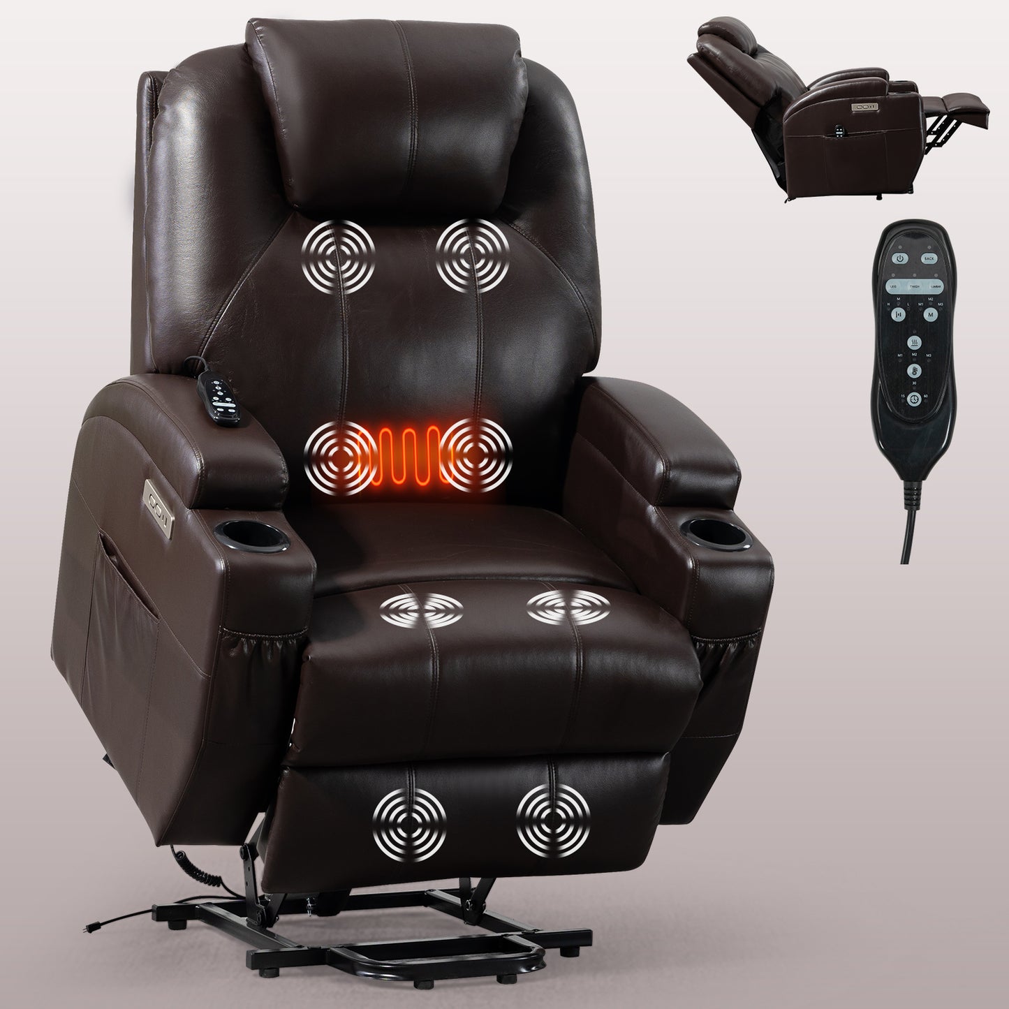 Up to 350lbs Okin Motor Power Lift Recliner Chair for Elderly, Heavy Duty Motion Mechanism with 8-Point Vibration Massage and Lumbar Heating, Two Cup Holders and USB Charge Port, Brown