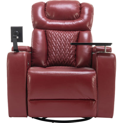 270 Degree Swivel PU Leather Power Recliner Individual Seat Home Theater Recliner with Comforable Backrest, Tray Table, Phone Holder, Cup Holder, USB Port, Hidden Arm Storage for Living Room, Red