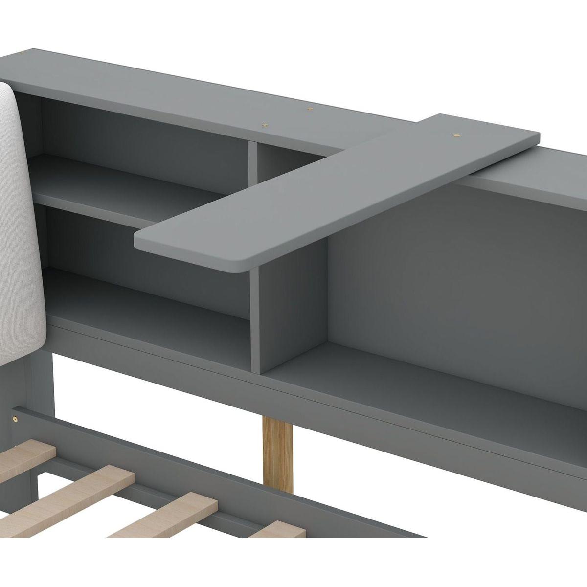 Wood Twin Size platform bed with Storage Headboard, Shelves and 2 Drawers, Gray