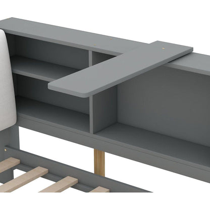 Wood Twin Size platform bed with Storage Headboard, Shelves and 2 Drawers, Gray