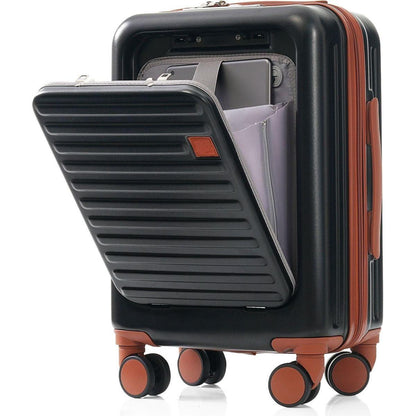 Front Opening 20-Inch Carry-On Luggage with Expandable Travel Bag Set, ABS Hard Shell Two-piece suitcase set with USB Port, Cup Holder, black and brown