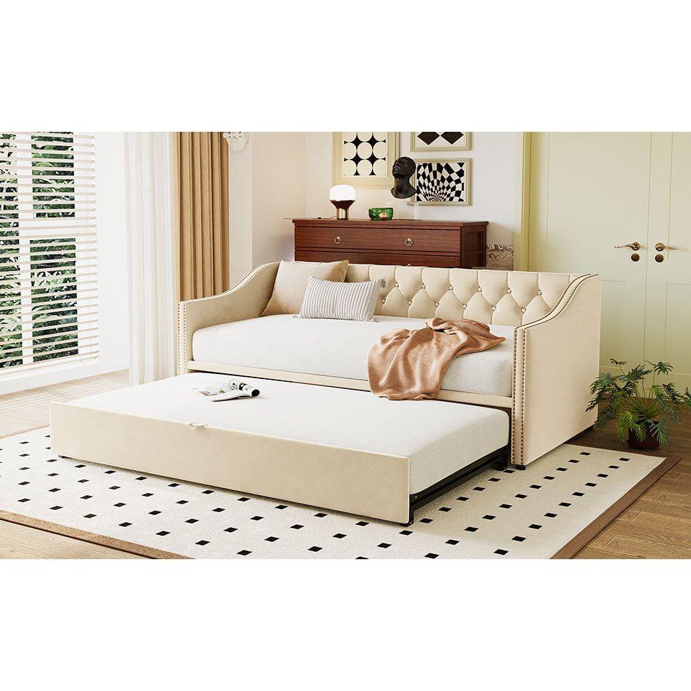 Twin Size Upholstered daybed with Pop Up Trundle, Beige