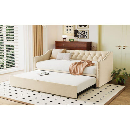 Twin Size Upholstered daybed with Pop Up Trundle, Beige