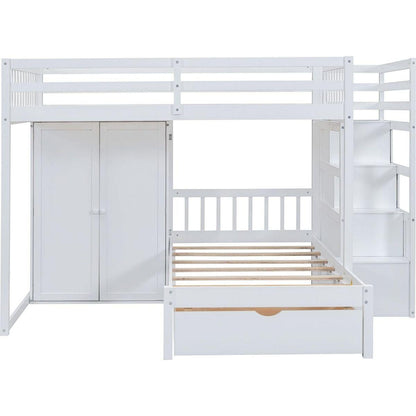 Full Over Twin Bunk Bed with Wardrobe, Drawers, White