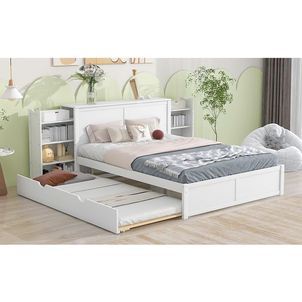 Queen Size Storage Platform Bed with Pull Out Shelves and Twin XL Size Trundle, White