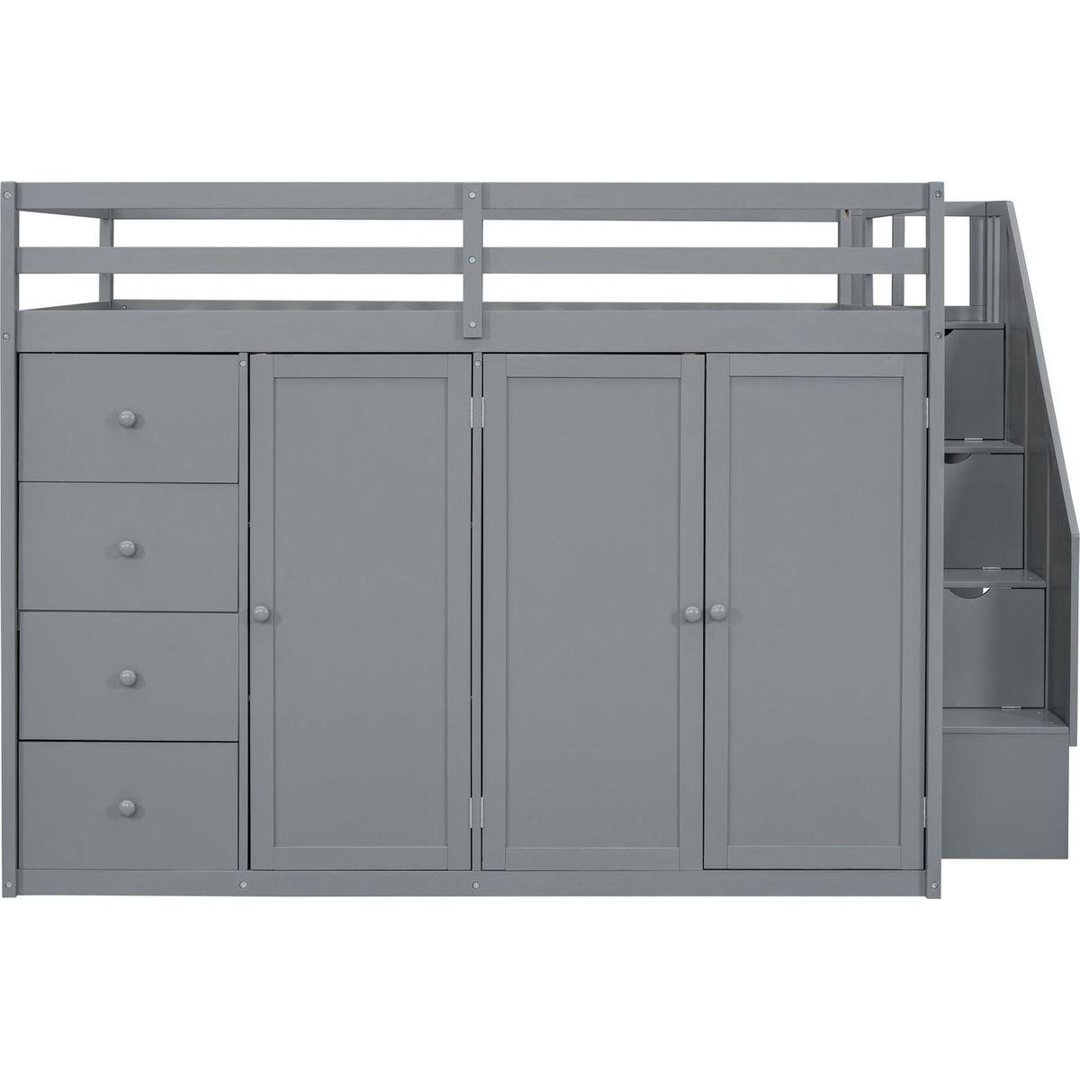 Full Size Wood Loft Bed With Built-in Wardrobes, Cabinets and Drawers, Gray