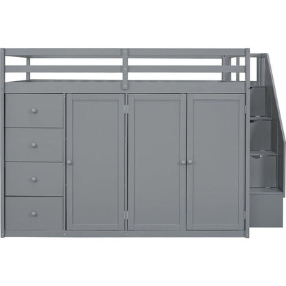 Full Size Wood Loft Bed With Built-in Wardrobes, Cabinets and Drawers, Gray