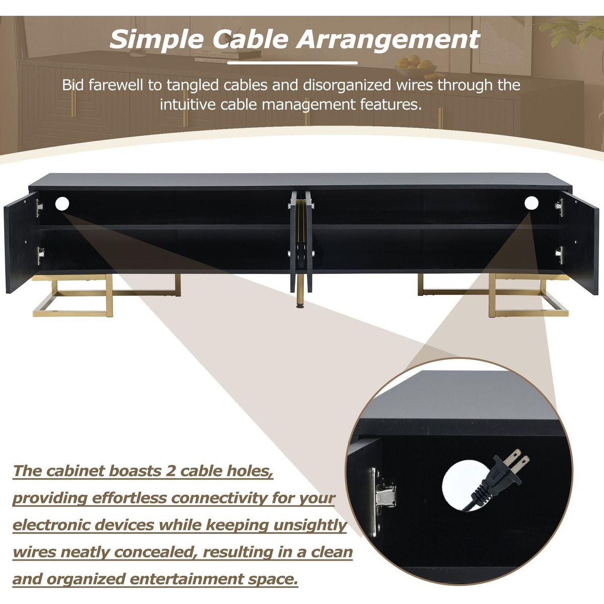 Modern TV Stand with Metal Legs and Gold Handles for TVs Up to 80", Media Console Table with Cabinets and Adjustable Shelves, Luxury TV Cabinet with Geometric Lines for Living Room, Black