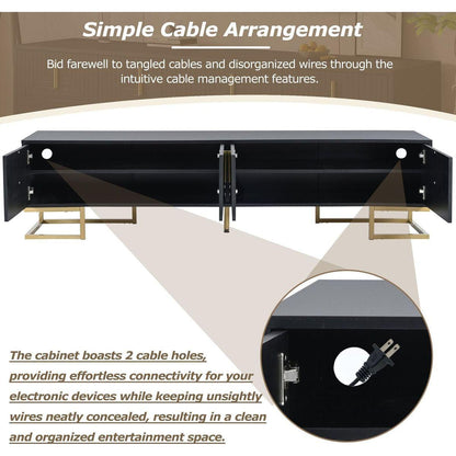 Modern TV Stand with Metal Legs and Gold Handles for TVs Up to 80", Media Console Table with Cabinets and Adjustable Shelves, Luxury TV Cabinet with Geometric Lines for Living Room, Black