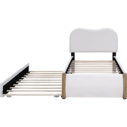 Twin Size Upholstered Platform Bed with Wood Supporting Feet and Twin Size Trundle, White