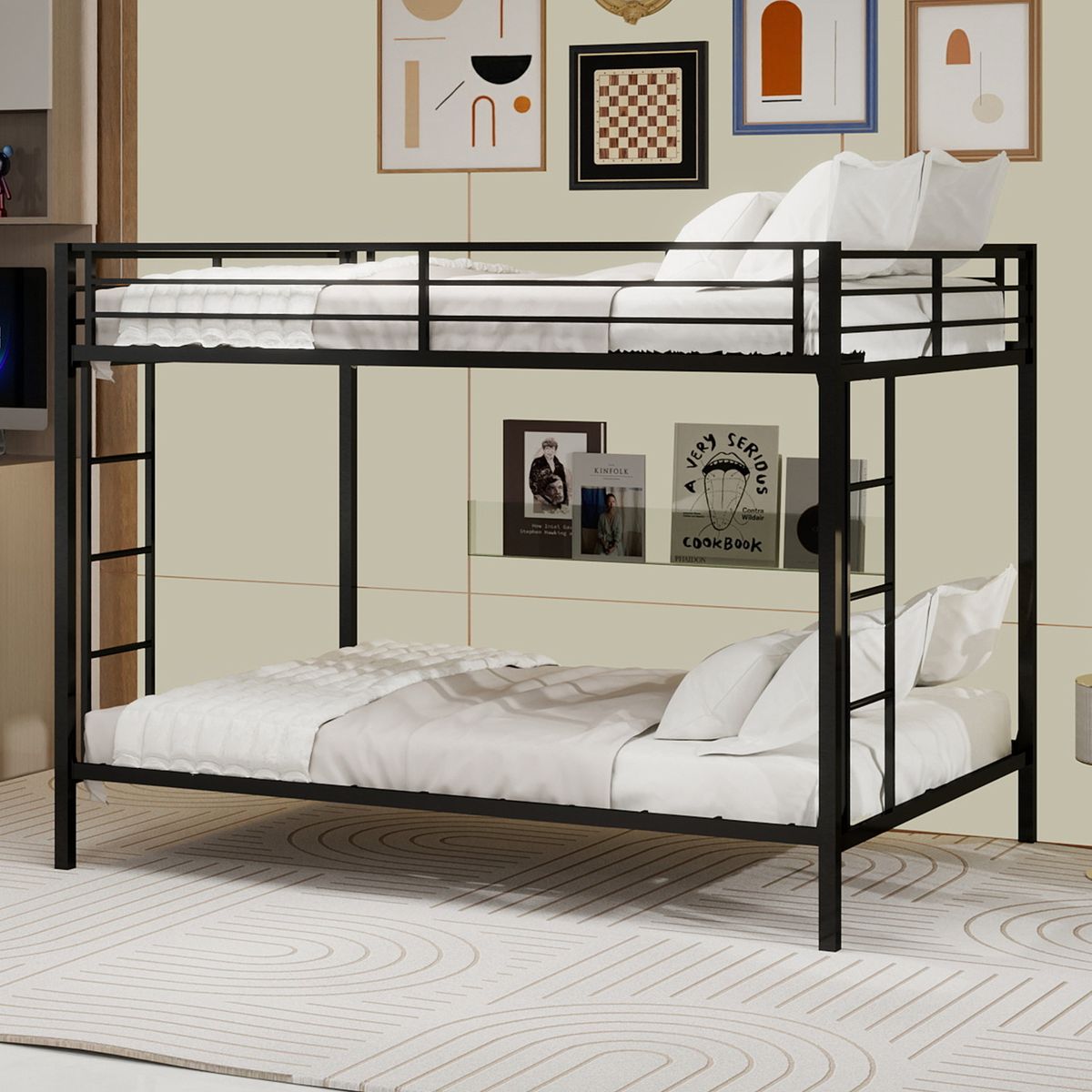 Multi-Functional Square Tube Iron Bunk Bed,  Robust Metal Frame Resists Wear, Ideal for Optimizing Vertical Space in Any Room-Queen Size - 153cm x 203cm-Black