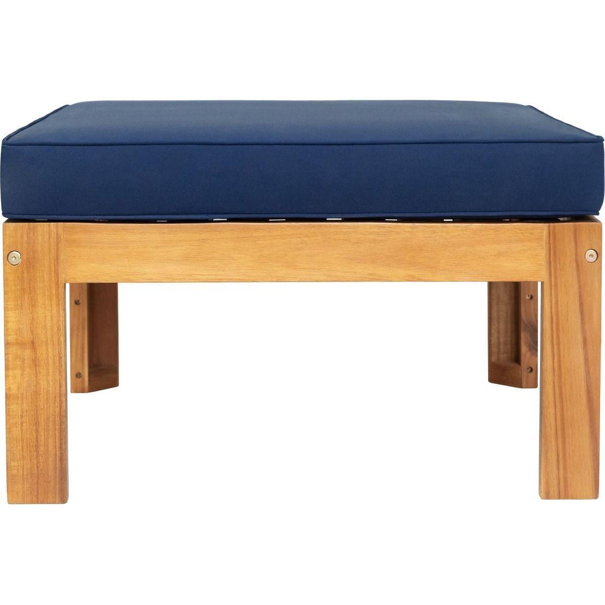 Outdoor Backyard Patio Wood 5-Piece Sectional Sofa Seating Group Set with Cushions, Natural Finish+ Blue Cushions