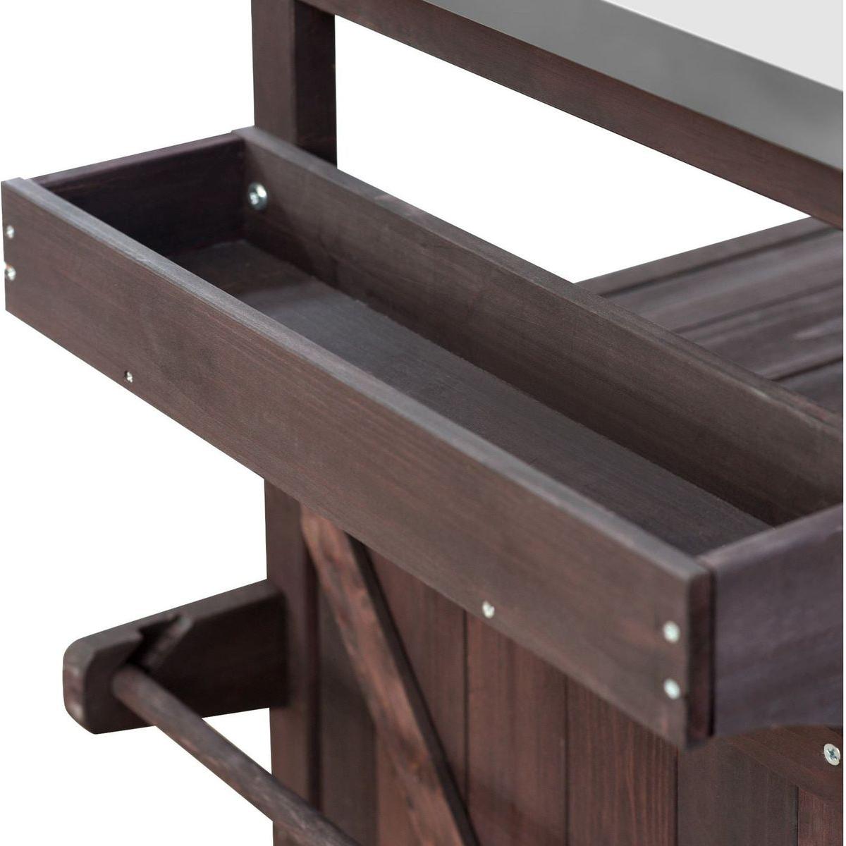 Outdoor Kitchen Island, Rolling Bar Cart & Storage Cabinet, Farmhouse Solid Wood Outdoor Grill Table with Stainless Steel Top, Spice Rack, Towel Rack for Kitchen & Barbecue, Dark Brown