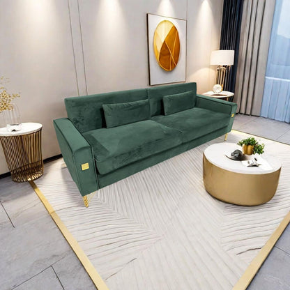 FX-P18-RG2(SOFA) Luxury Emerald Green Velvet Sofa with Gold Accents - Modern 3-Seat Couch with Plush Cushions, Perfect for Living Room and Office Decor