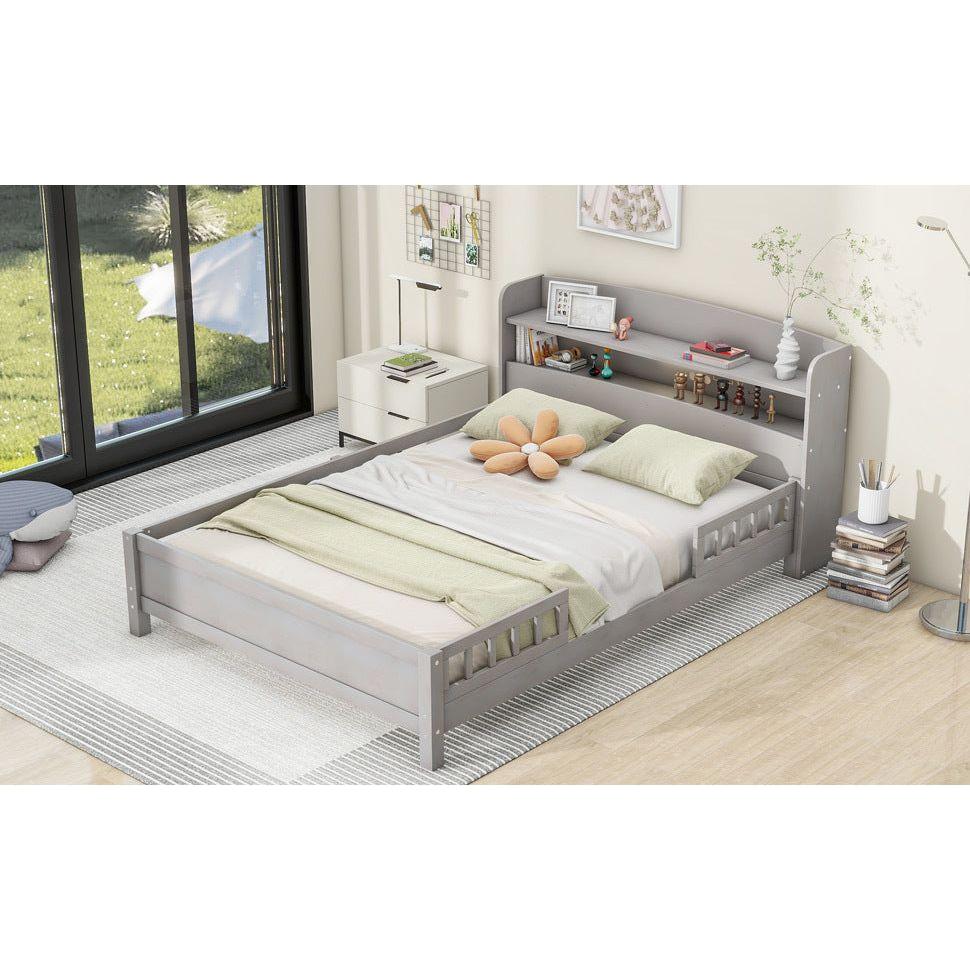 Wood Full Size Platform Bed with Built-in LED Light, Storage Headboard and Guardrail, Antique Grey