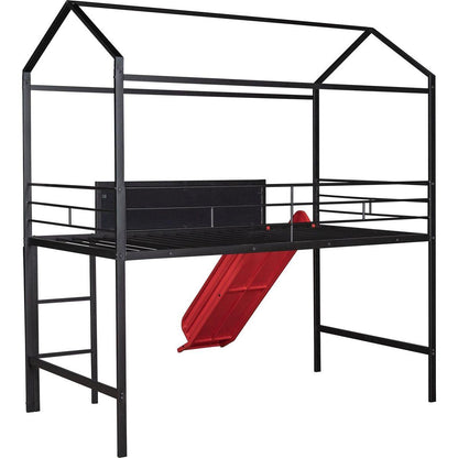 Metal House Bed With Slide, Twin Size Metal Loft Bed with Two-sided writable Wooden Board (Black and Red)