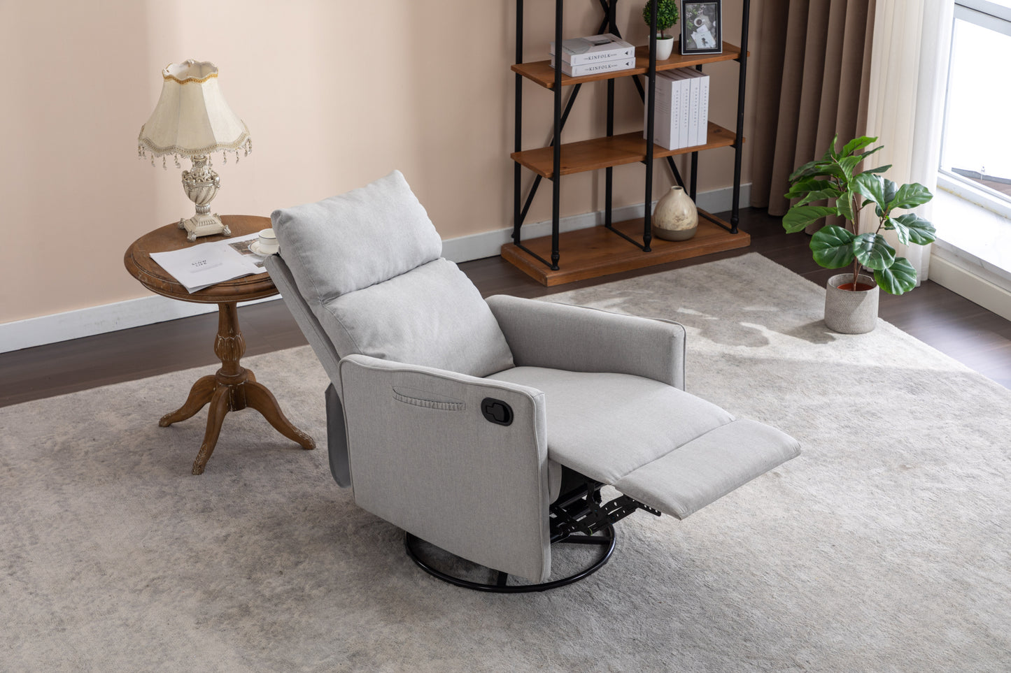 Cotton Linen Fabric Swivel Rocking Chair Glider Rocker Recliner Nursery Chair With Adjustable Back And Footrest For Living Room Indoor,Light Gray