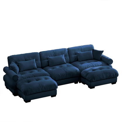 Modern U Shape Modular Sectional Sofa Couch with Two Movable Ottomans, Blue Velvet, 3 Seat Corner Sofa with Pillows and Bolstered Armrests