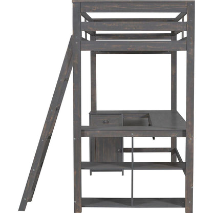 Twin Size Loft Bed with U-shaped Desk, Drawers and Storage Shelves, Antique Brown