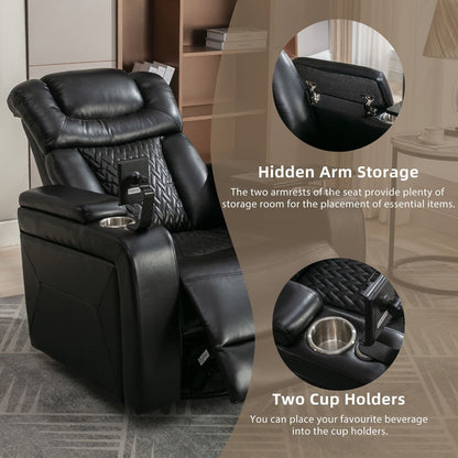 270 Degree Swivel PU Leather Power Recliner Individual Seat Home Theater Recliner with Comforable Backrest, Tray Table, Phone Holder, Cup Holder, USB Port, Hidden Arm Storage for Living Room, Black