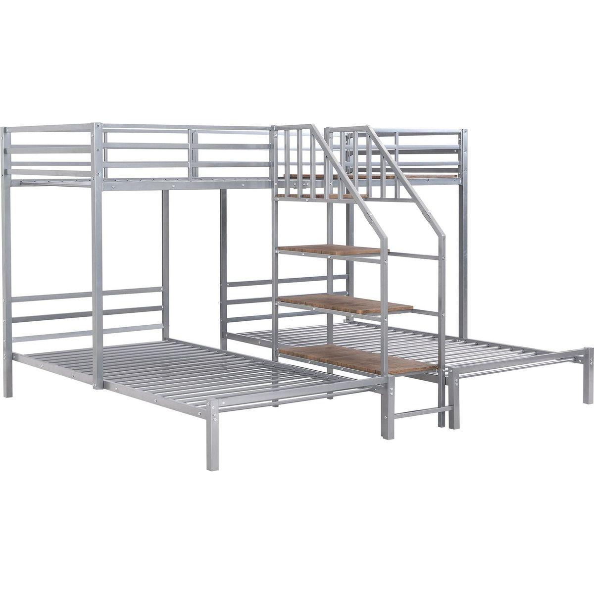 Metal Twin over Twin & Twin Bunk Bed, Triple Bunk Bed with Storage Shelves Staircase, Silver