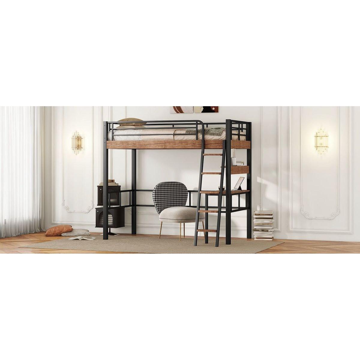Metal Twin Size Loft Bed with Built-in Desk, Storage Shelf and Ladder, Black