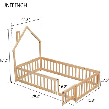 Twin House-Shaped Headboard Floor Bed with Fence ,Natural