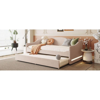 Teddy Fleece Twin Size Upholstered Daybed with Light and Trundle, Beige