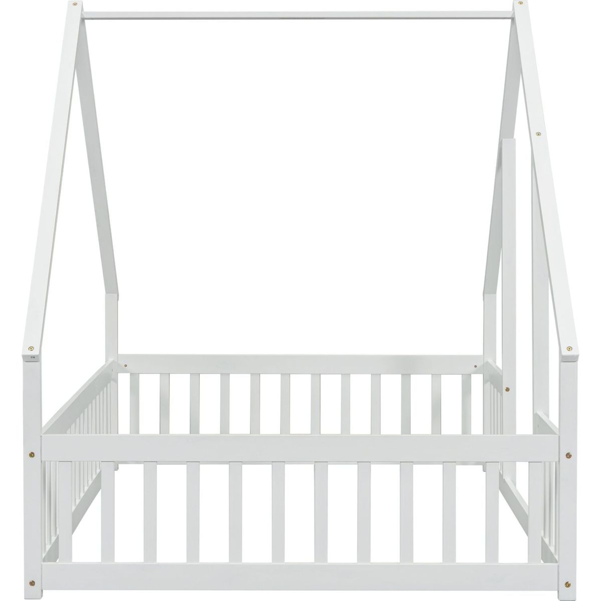 Full Wood House-Shaped Floor Bed with Fence, Guardrails,White