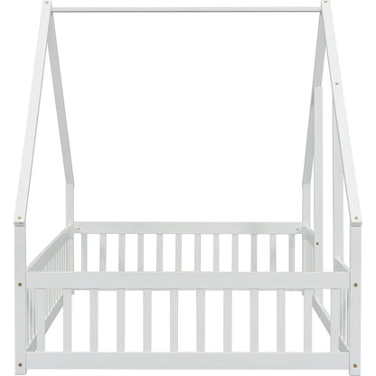 Full Wood House-Shaped Floor Bed with Fence, Guardrails,White
