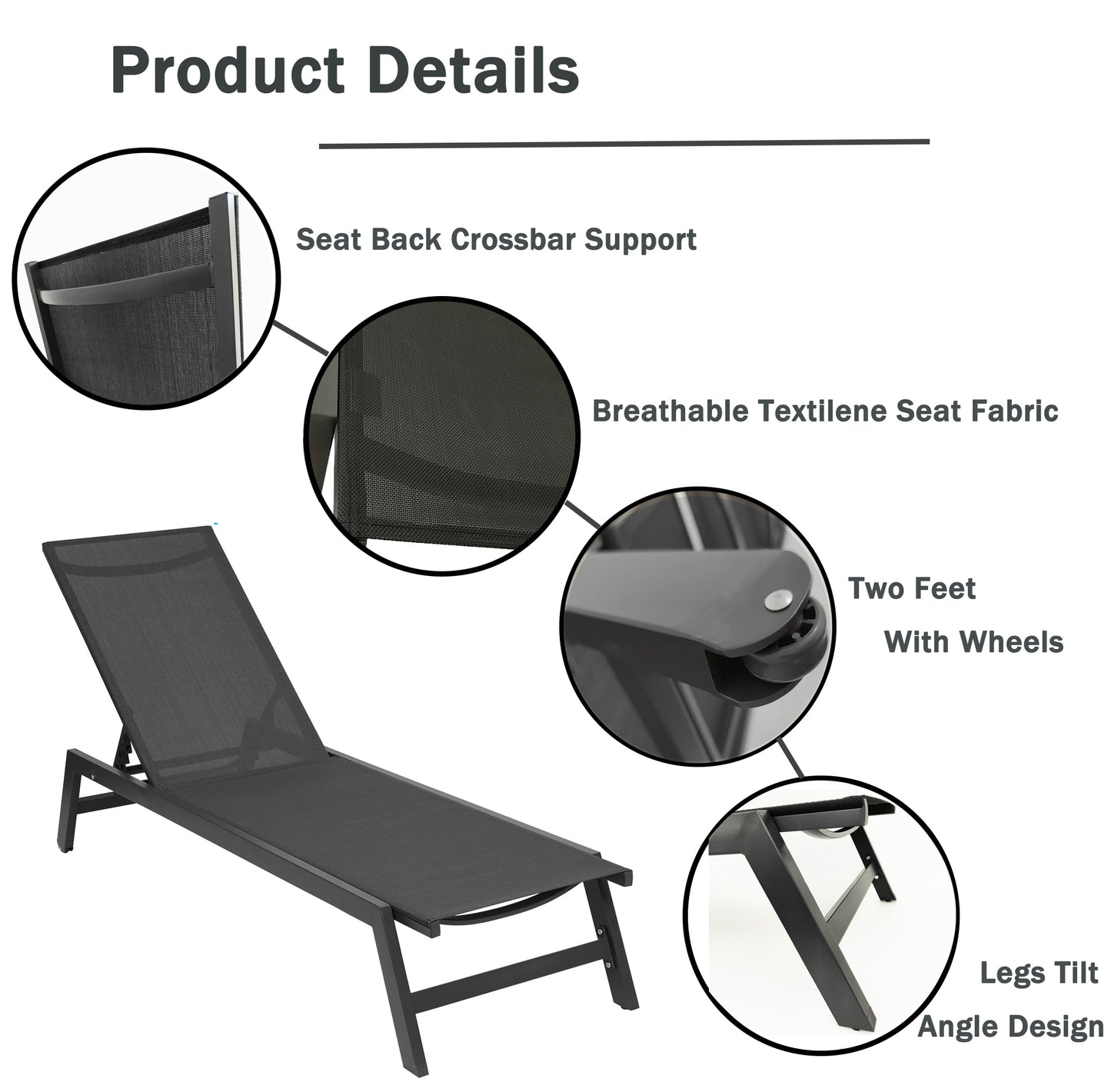 NEW Outdoor Chaise Lounge Chair,Five-Position Adjustable Aluminum Recliner,All Weather For Patio,Beach,Yard, Pool(Grey Frame/Black Fabric)