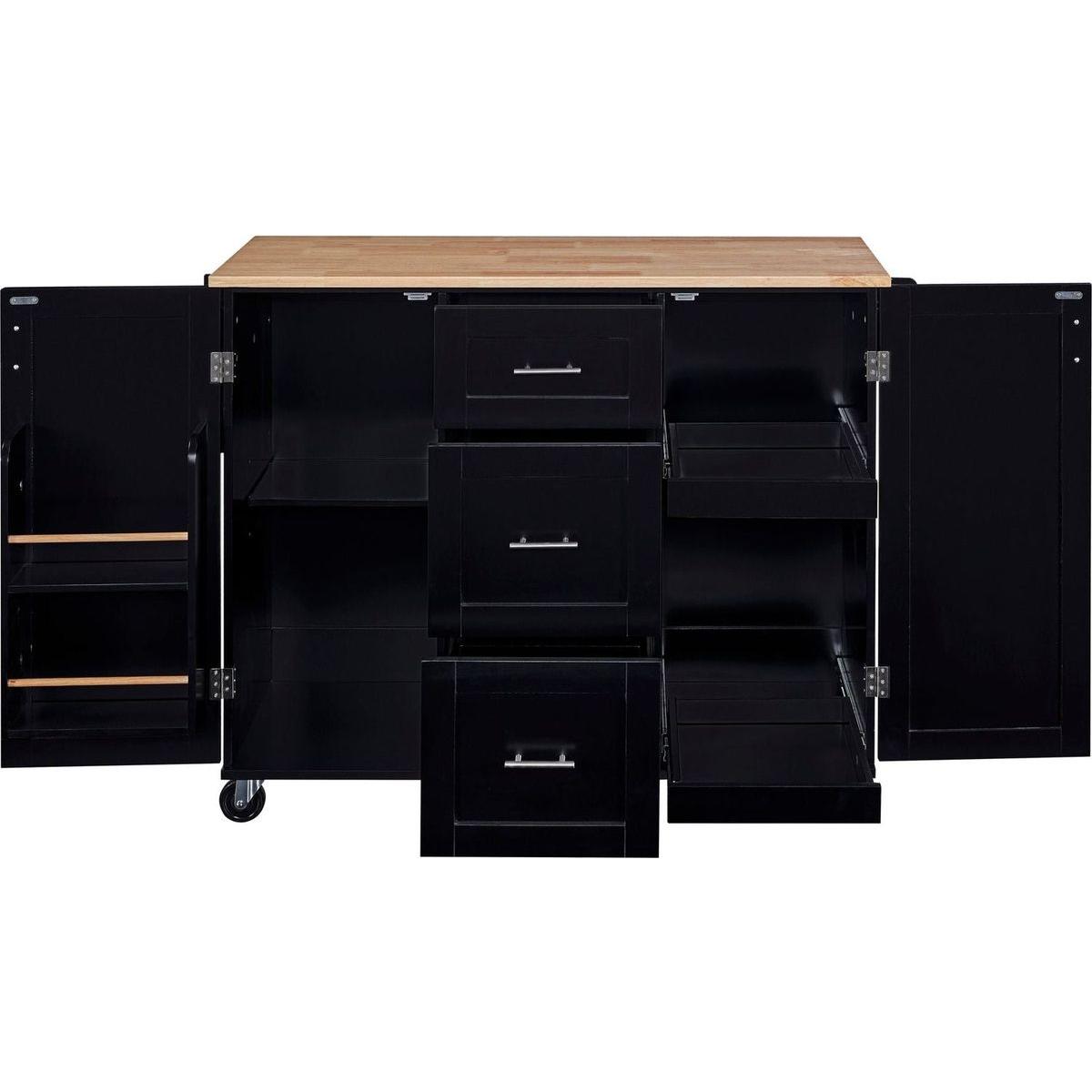 Rolling Kitchen Island with Storage, Kitchen Cart with Rubber Wood Top, 3 Drawer, 2 Slide-Out Shelf and Internal Storage Rack, Kitchen Island on Wheels with Spice Rack & Tower Rack, Black