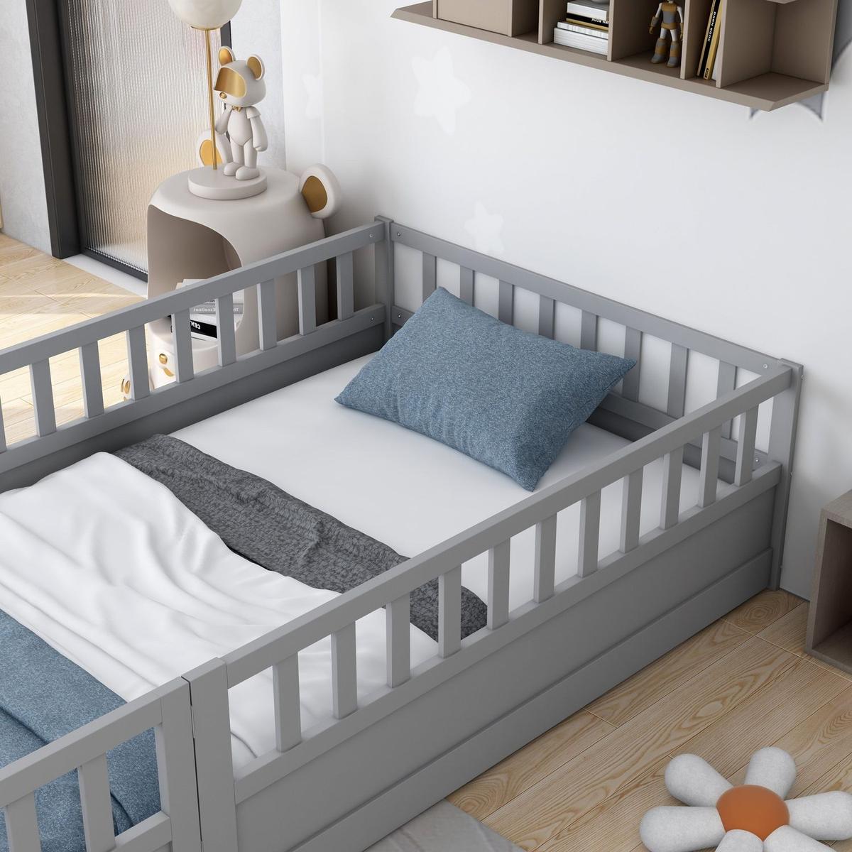 Twin Size Floor bed, integral construction with super high security barrier, door, children's floor bed frame, Montessori wooden children's floor bed, Grey