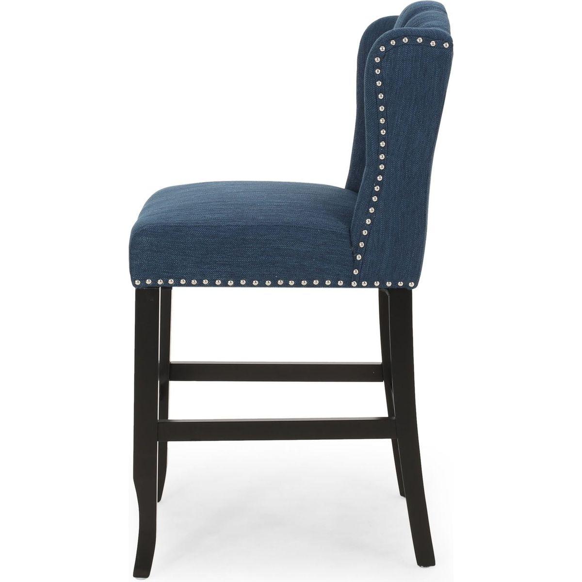 Vienna Contemporary Fabric Tufted Wingback 27 Inch Counter Stools, Set of 2, Navy Blue and Dark Brown - Streamdale Furniture
