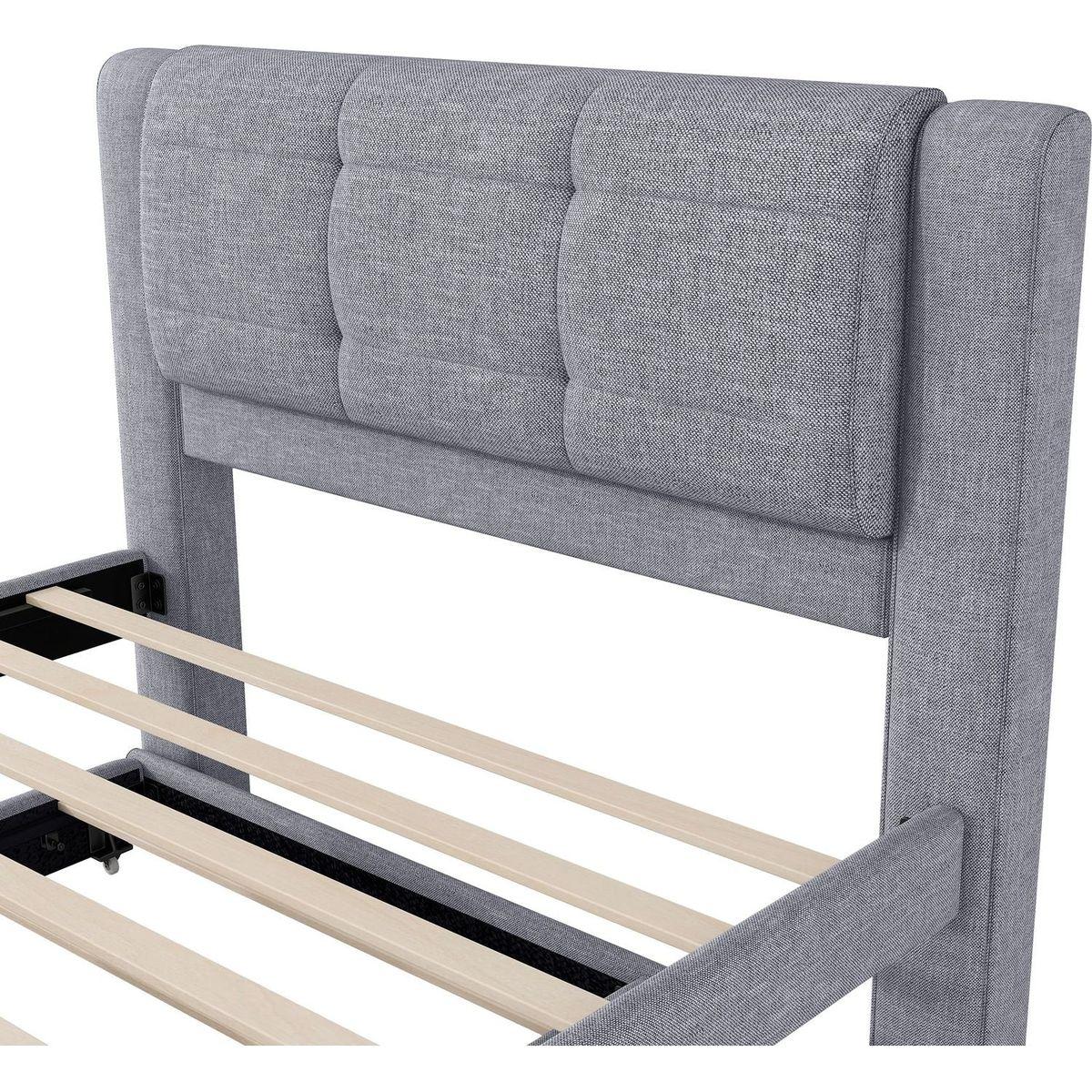 Full Size Upholstery platform bed with Trundle,Trundle can be flat or erected, Gray
