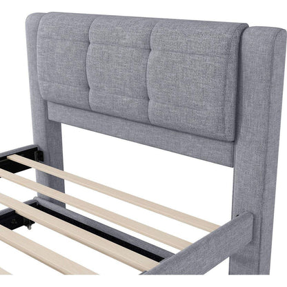 Full Size Upholstery platform bed with Trundle,Trundle can be flat or erected, Gray