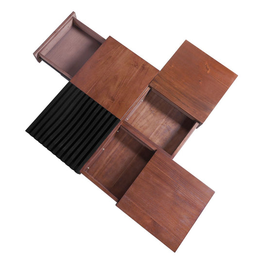ITALIAN RETRO-Inspired Acacia Wood Storage Coffee Table, Brown & Black, MDF & Acacia, 35x35 inches